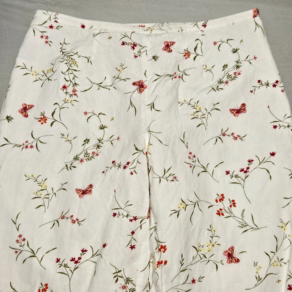 August Silk Logic Pants Womens 10 White Floral Butterfly Linen Blend Wide Leg